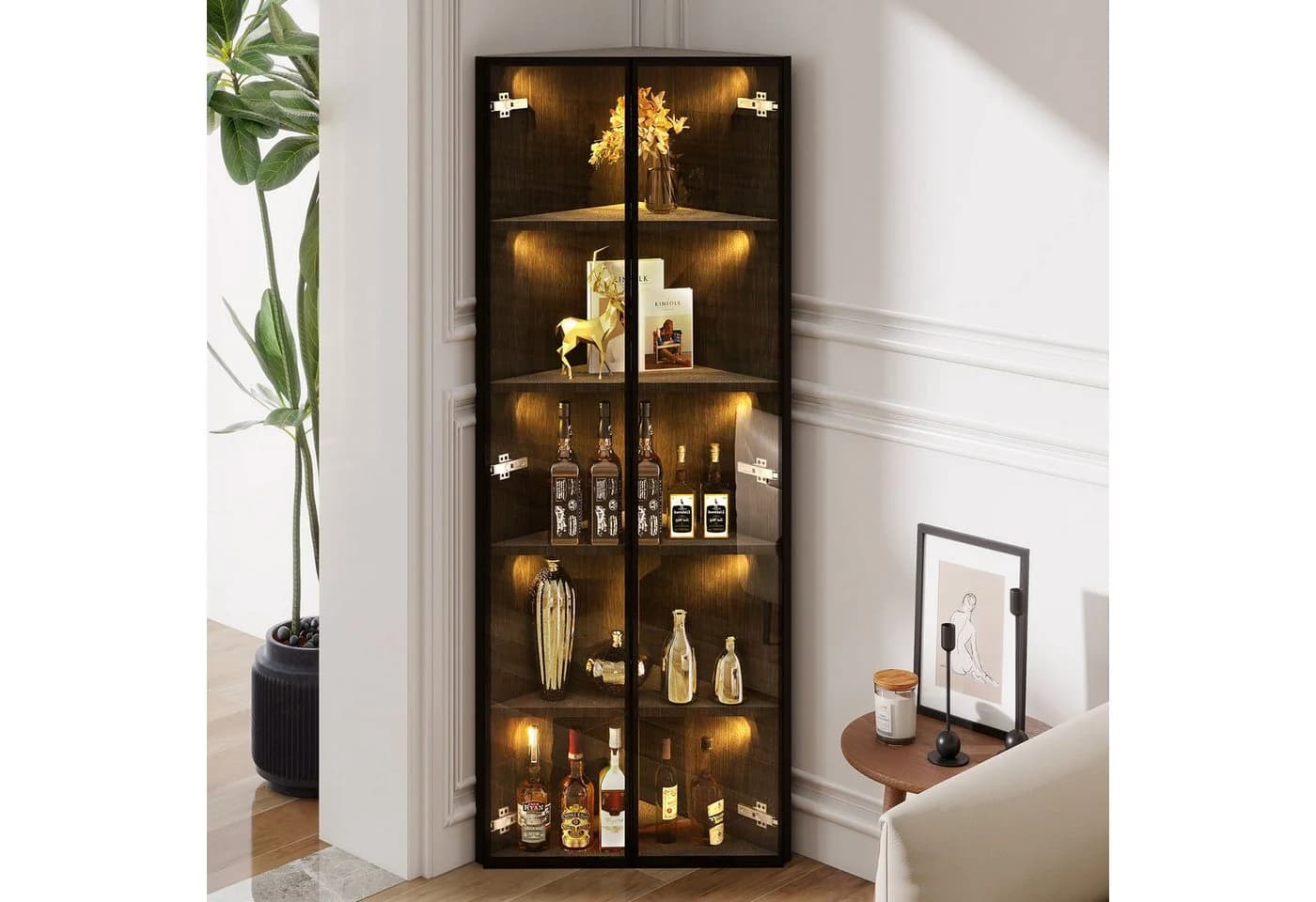 OKWISH Vitrine Regal 62x35x160 cm mit LED-Beleuchtung und Soft-Close-Türen - Bild 2