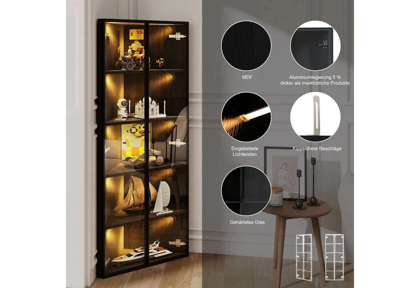 OKWISH Vitrine Regal 62x35x160 cm mit LED-Beleuchtung und Soft-Close-Türen - Bild 5