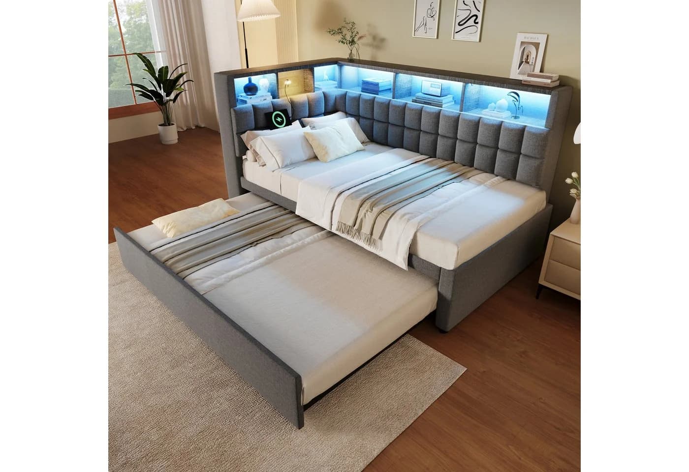 OKWISH Polsterbett Leinen-Ausziehbett 90/180x200 cm mit LED, Bluetooth und Stauraum