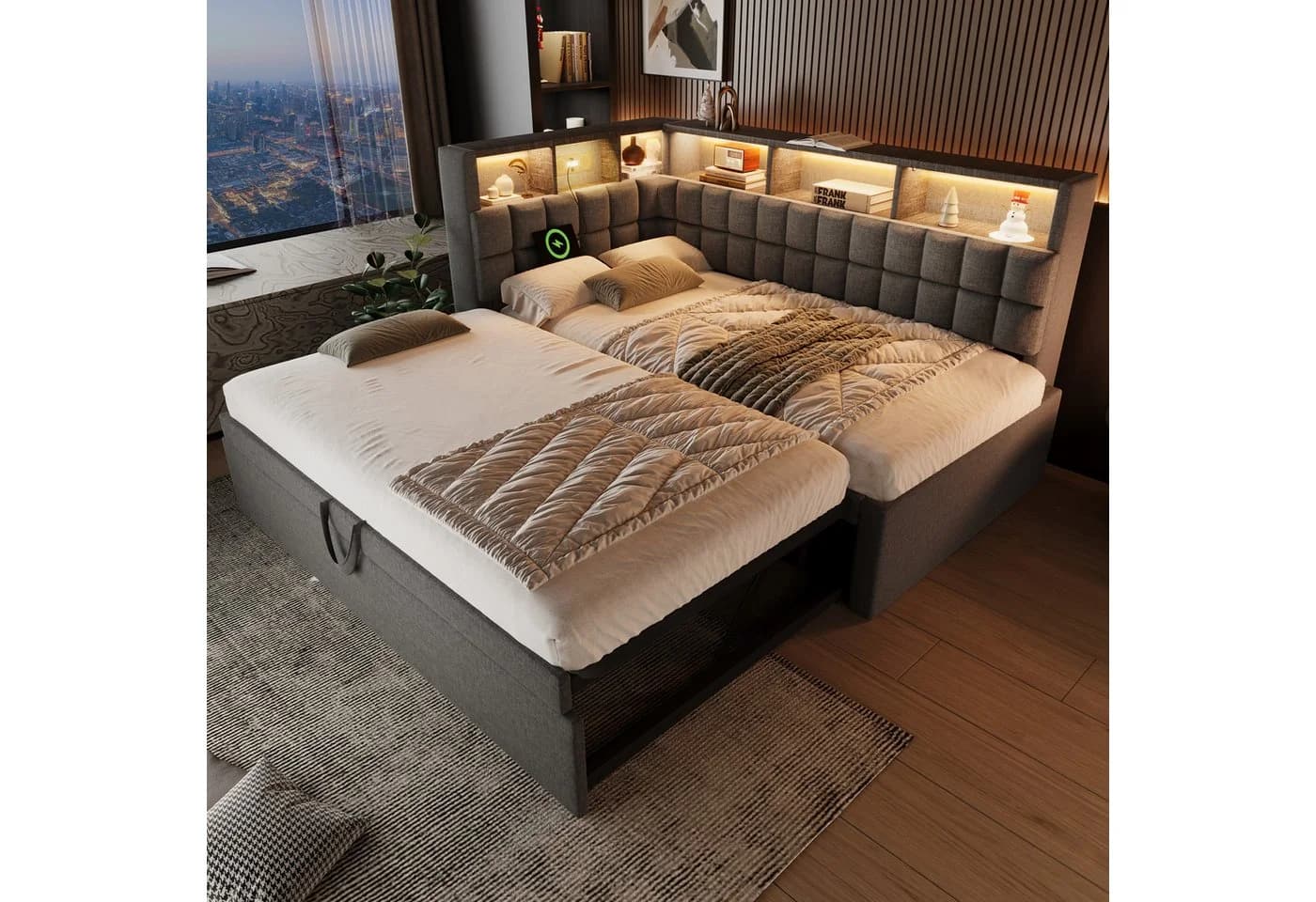 OKWISH Polsterbett Leinen-Ausziehbett 90/180x200 cm mit LED, Bluetooth und Stauraum - Bild 2