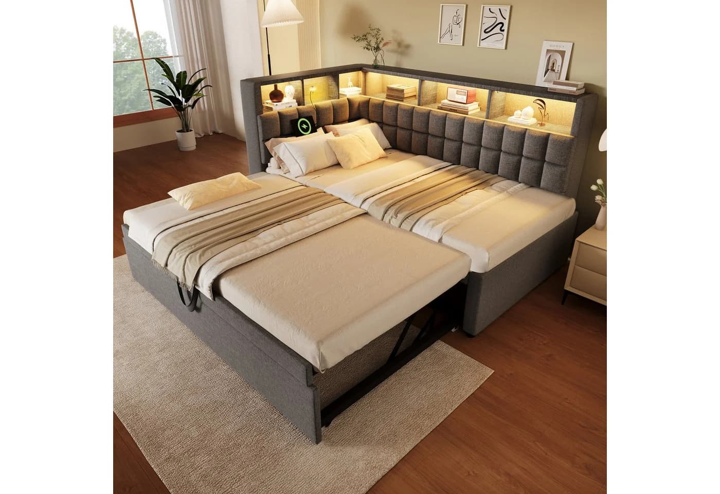 OKWISH Polsterbett Leinen-Ausziehbett 90/180x200 cm mit LED, Bluetooth und Stauraum - Bild 3