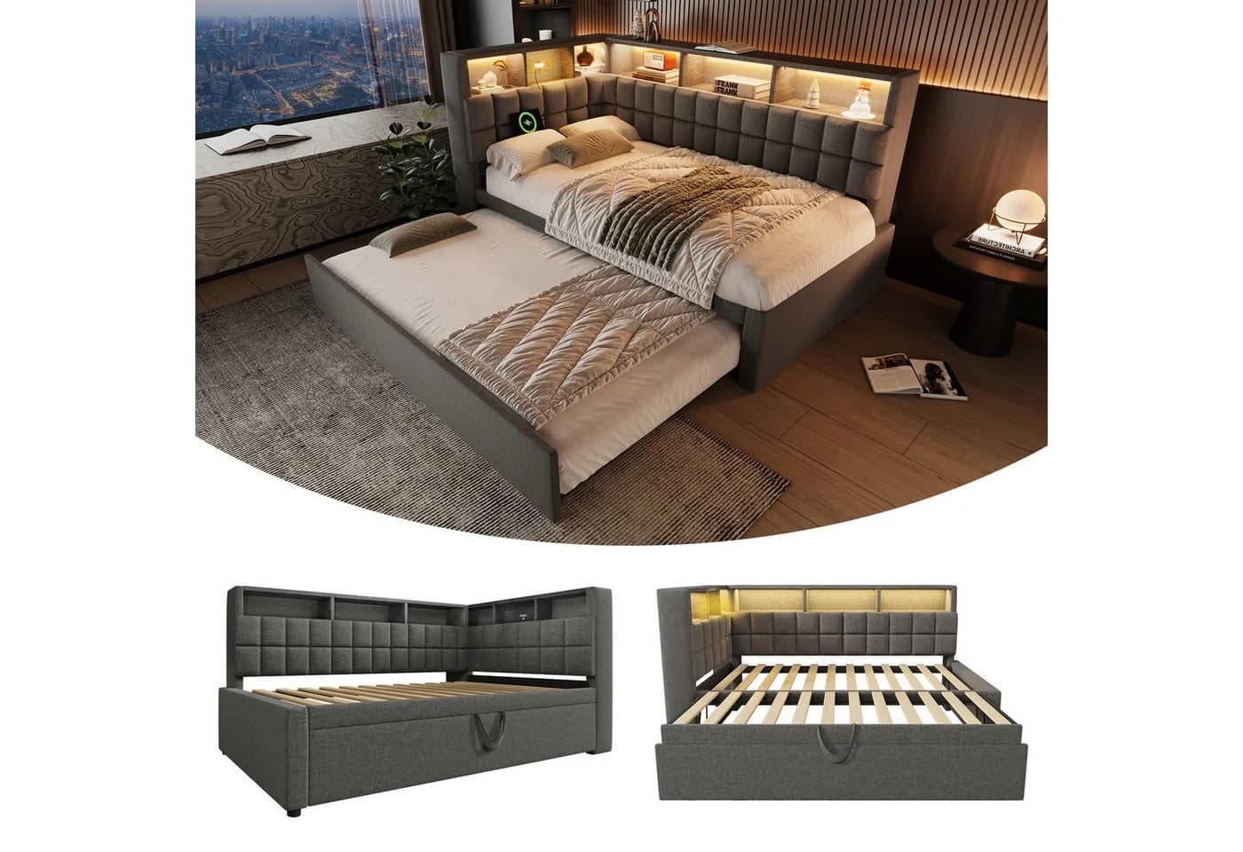 OKWISH Polsterbett Leinen-Ausziehbett 90/180x200 cm mit LED, Bluetooth und Stauraum - Bild 4