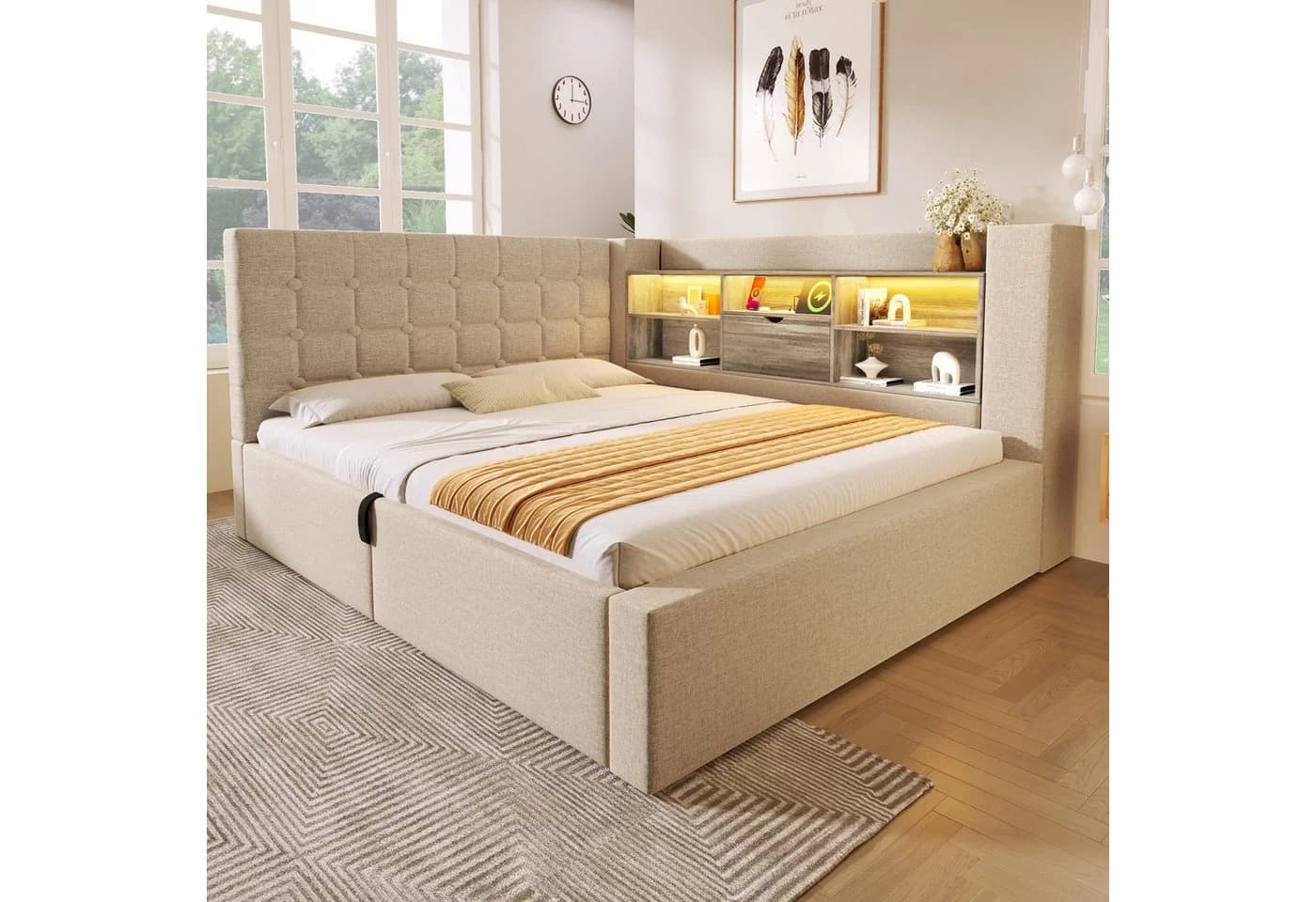 OKWISH Polsterbett 140x200 cm Beige mit LED-Beleuchtung & USB-Ladestation - Bild 2
