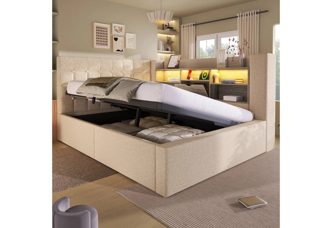 OKWISH Polsterbett 140x200 cm Beige mit LED-Beleuchtung & USB-Ladestation - Bild 4