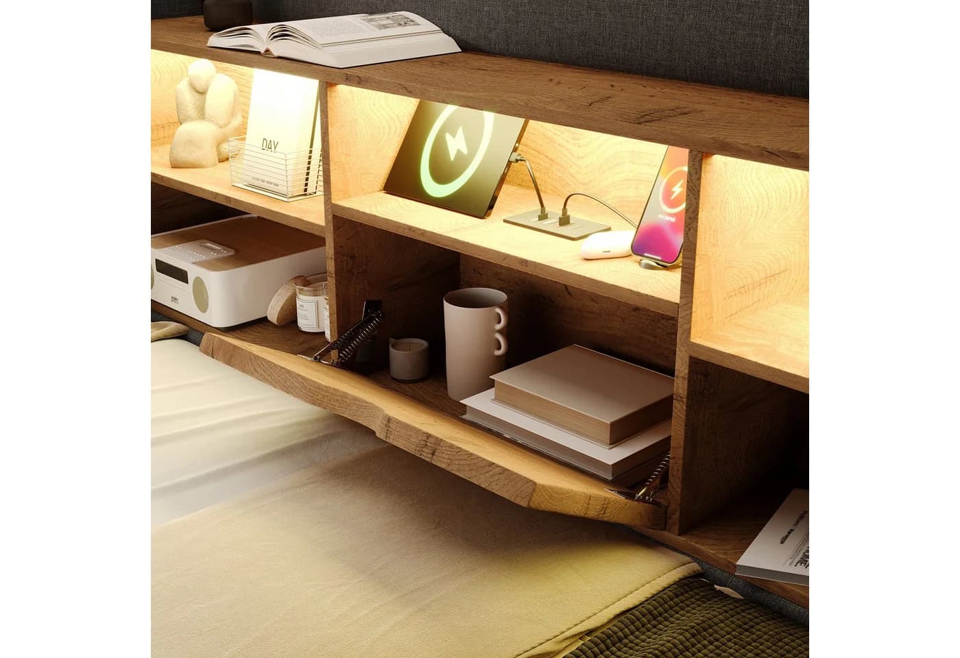 OKWISH Polsterbett 90x200 cm mit Stauraum, LED & USB - Bild 3