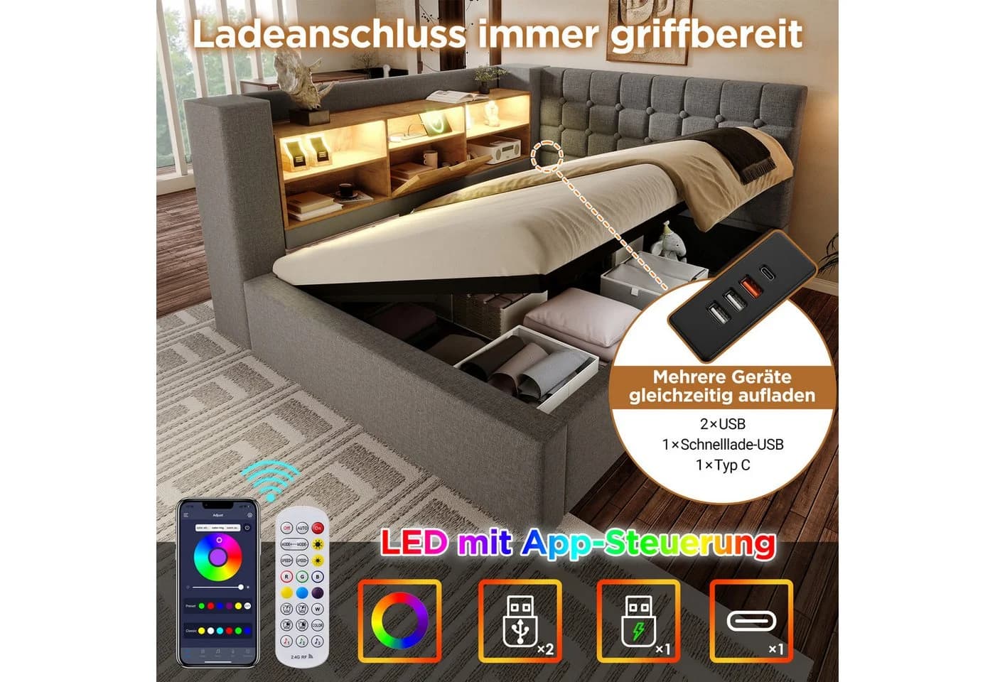 OKWISH Polsterbett 90x200 cm mit Stauraum, LED & USB - Bild 4