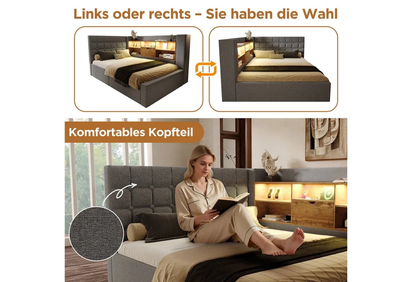 OKWISH Polsterbett 90x200 cm mit Stauraum, LED & USB - Bild 5