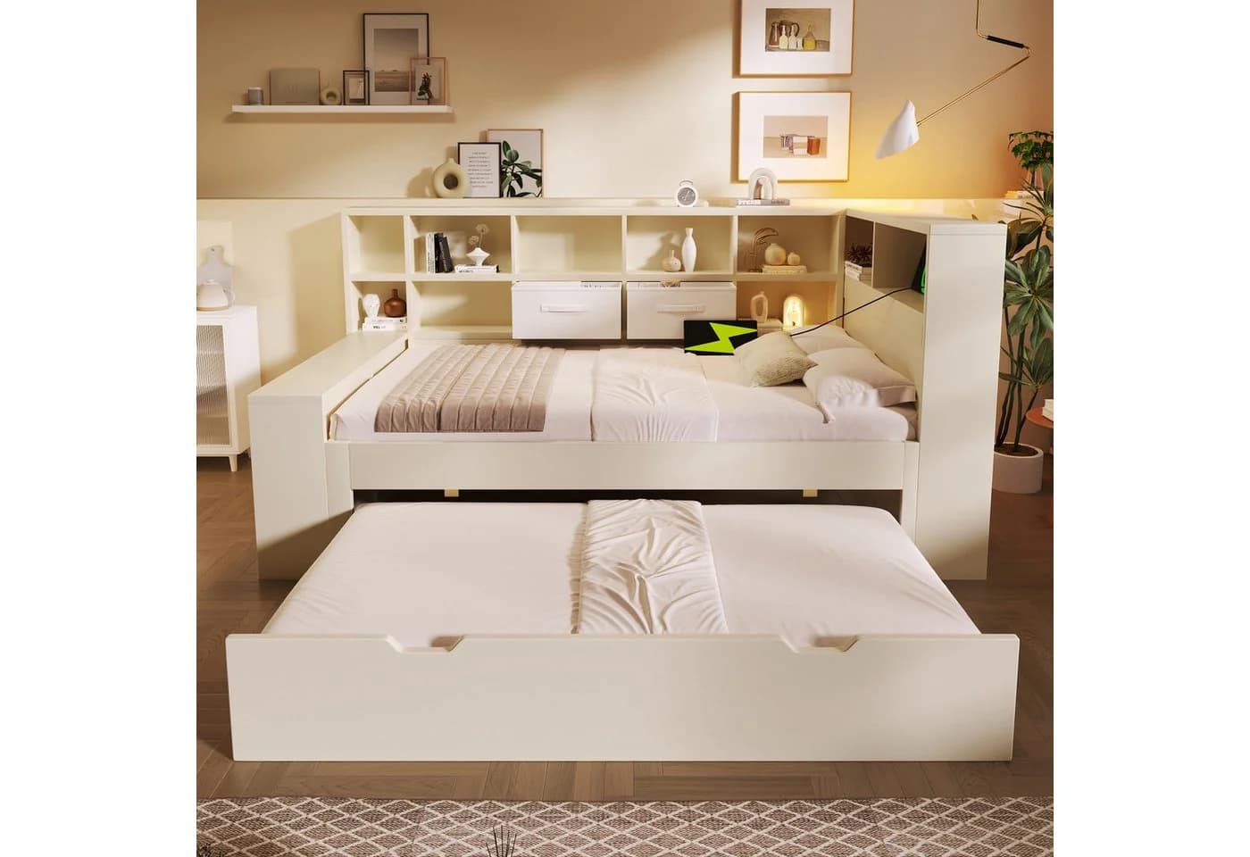 OKWISH Stauraumbett 90x200 cm mit Ausziehbett und USB/Type-C-Anschlüssen