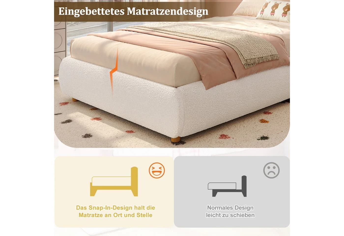 OKWISH Polsterbett 90x200 cm mit Stauraum und Lattenrost Beige - Bild 4