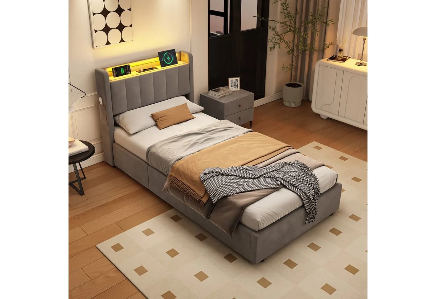 OKWISH Polsterbett mit Hydraulik, LED-Beleuchtung, Steckdosen und USB-Ladeanschlüssen - Bild 3