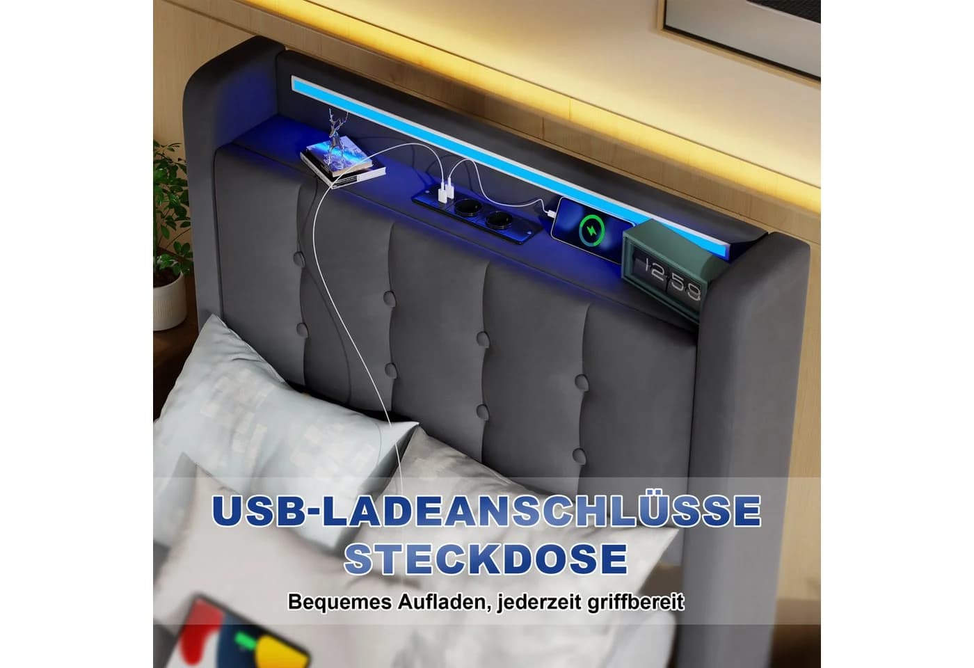 OKWISH Polsterbett mit Hydraulik, Schubladen, LED-Beleuchtung - Bild 5