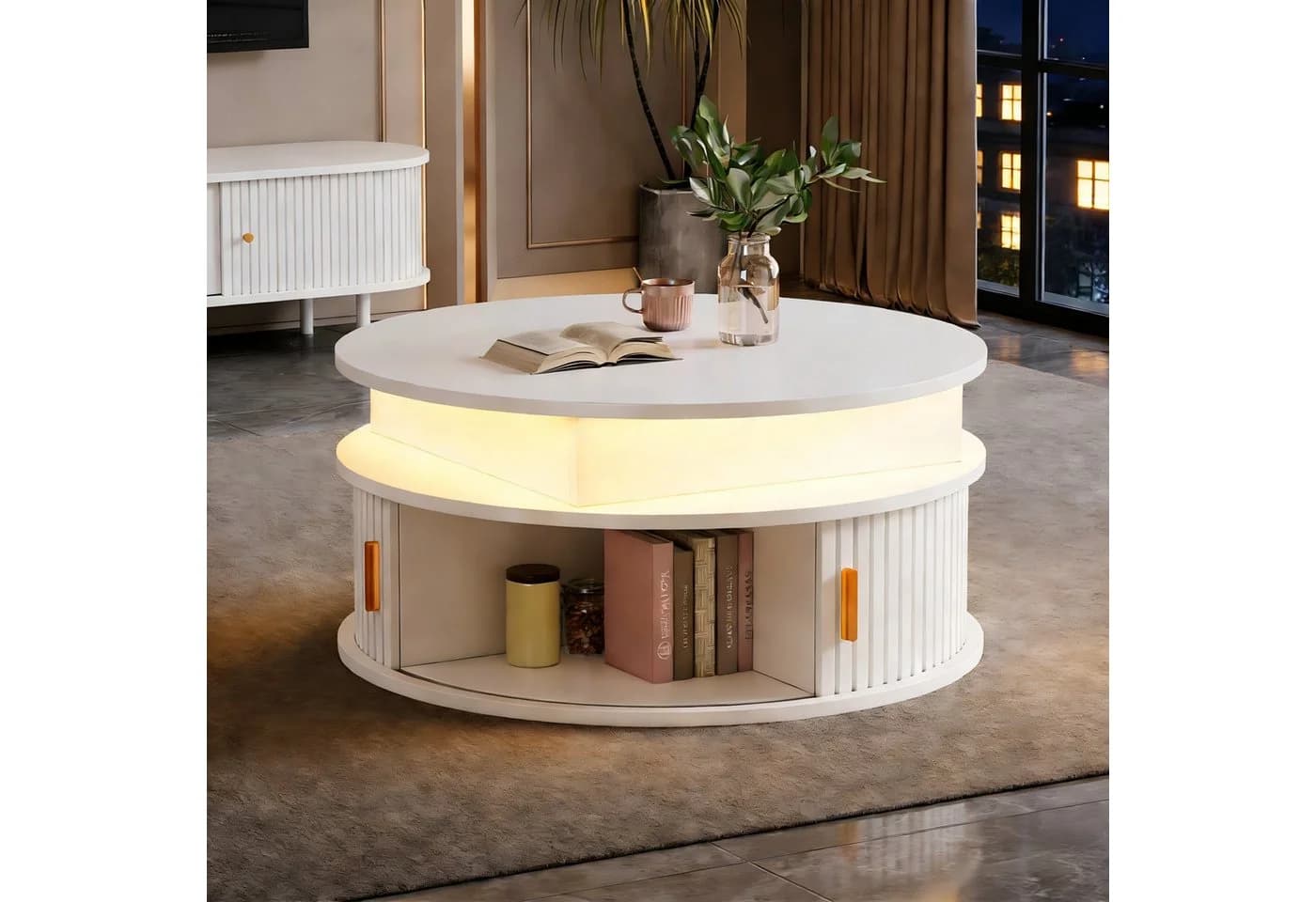 OKWISH runder Couchtisch höhenverstellbar mit LED-Beleuchtung und Stauraum - Bild 3