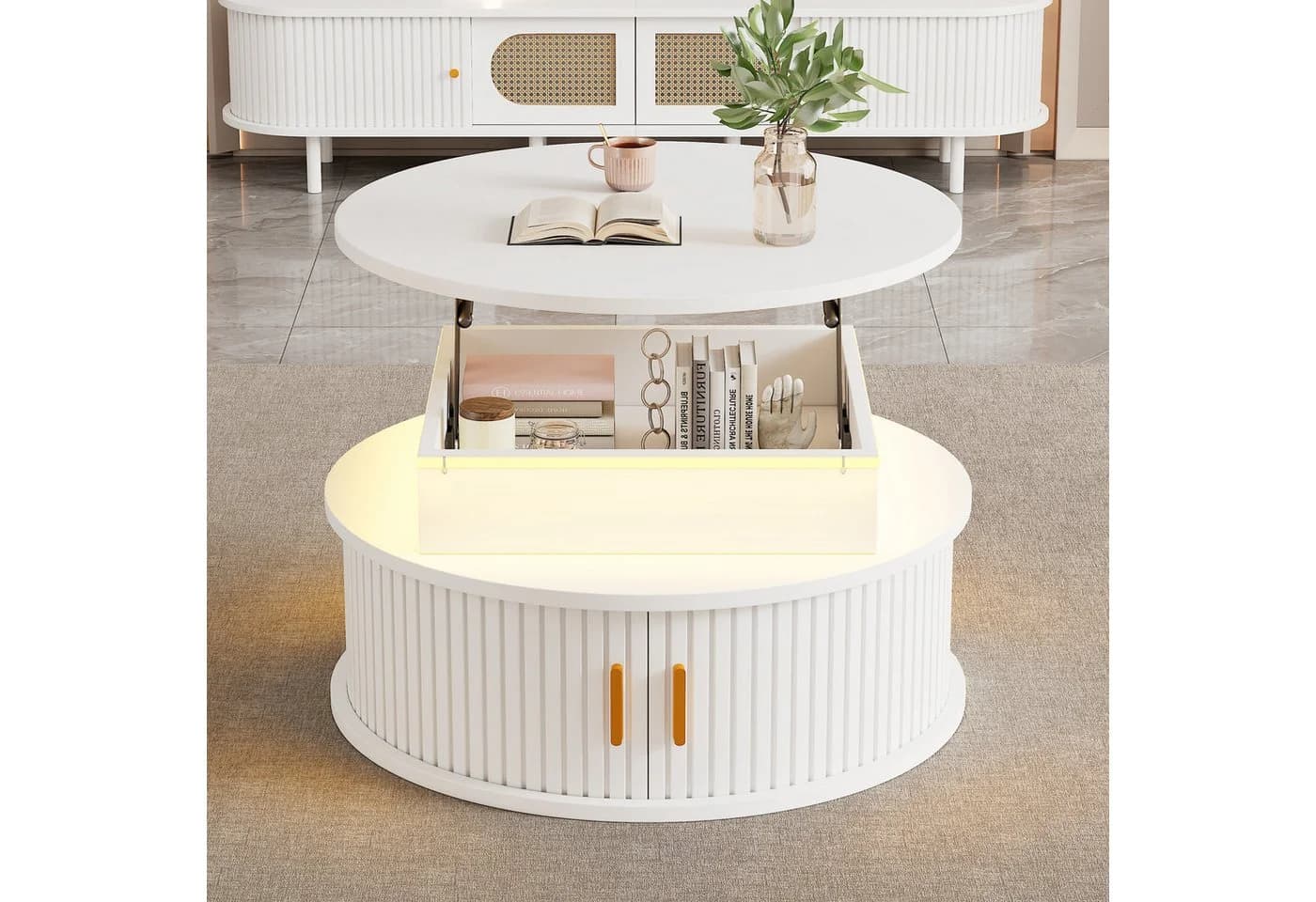 OKWISH runder Couchtisch höhenverstellbar mit LED-Beleuchtung und Stauraum - Bild 4