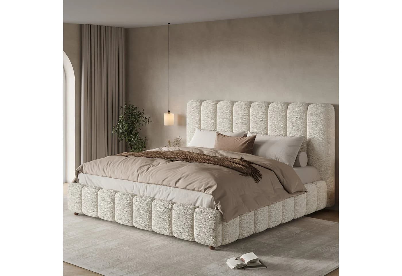 OKWISH Polsterbett Weiß Bouclé mit Bettkasten & Lattenrost