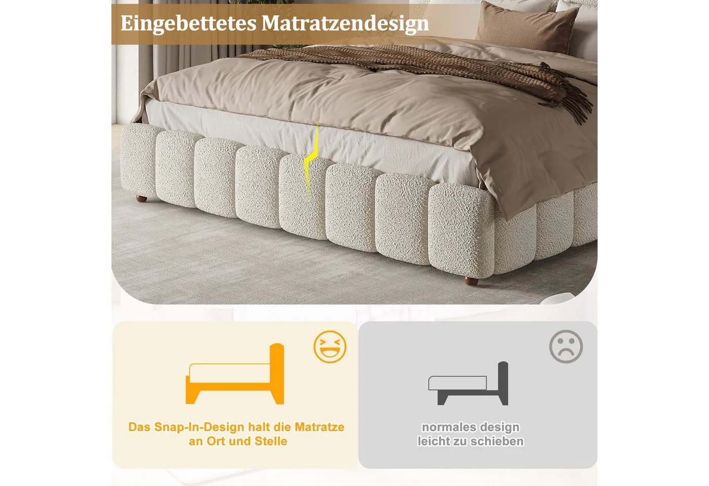 OKWISH Polsterbett Weiß Bouclé mit Bettkasten & Lattenrost - Bild 4