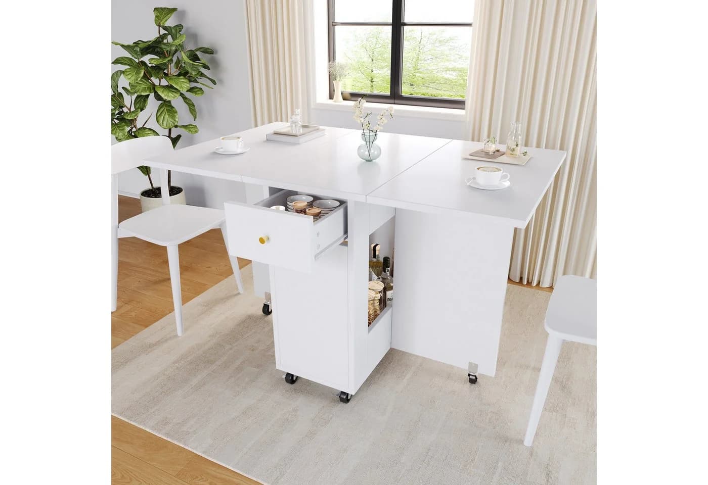 OKWISH Esstisch Weiß mit Klappplatten & Schubladen - Bild 2