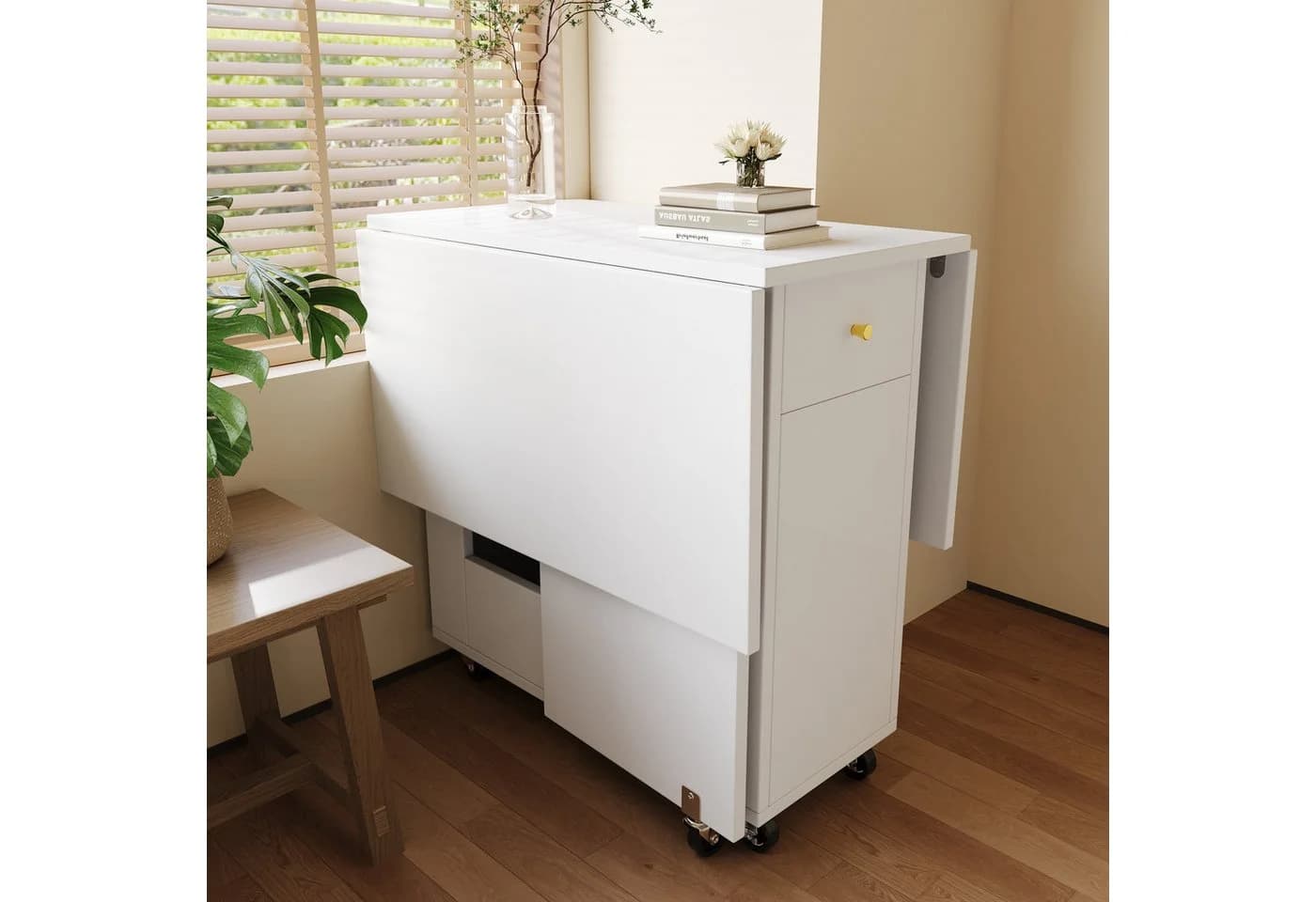 OKWISH Esstisch Weiß mit Klappplatten & Schubladen - Bild 3