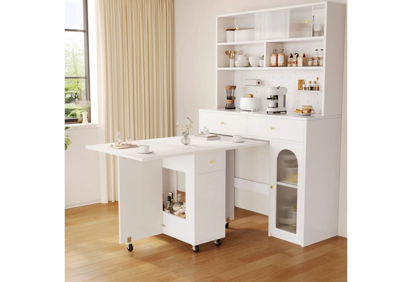 OKWISH Esstisch Weiß mit Klappplatten & Schubladen - Bild 4