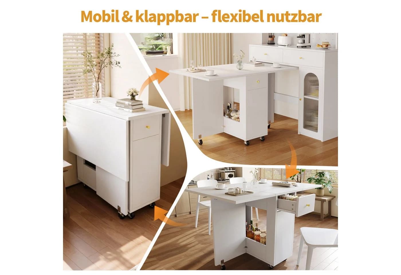 OKWISH Esstisch Weiß mit Klappplatten & Schubladen - Bild 5