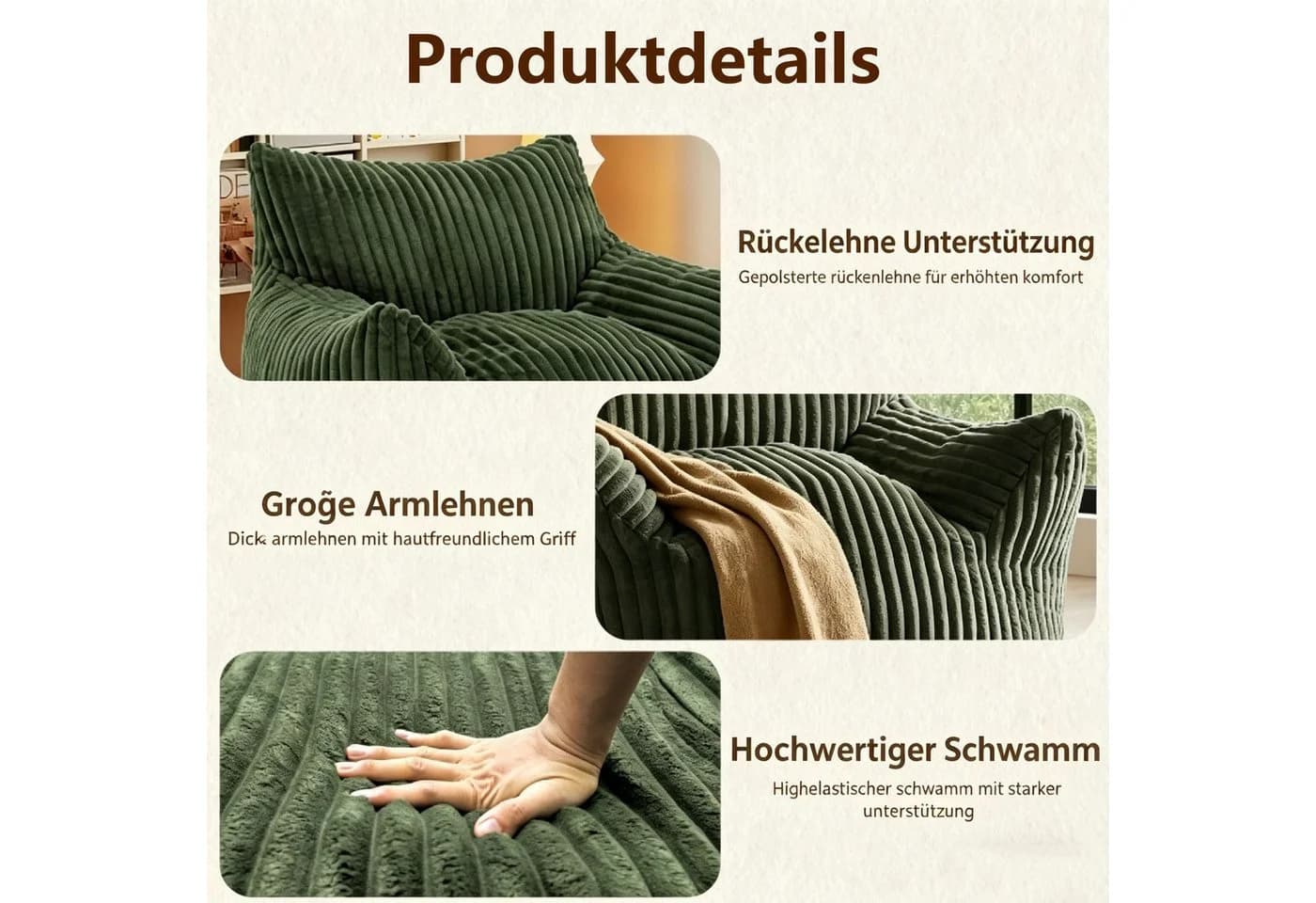 OKWISH Sofa Sitzsack Grün mit Ottoman - Ergonomisches Lounge-Sofa
