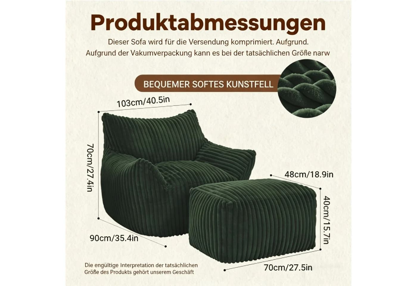 OKWISH Sofa Sitzsack Grün mit Ottoman - Ergonomisches Lounge-Sofa - Bild 5