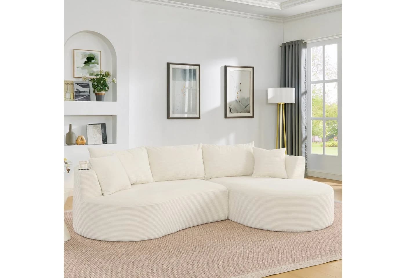 OKWISH 3-Sitzer Sofa Beige Cordstoff mit Getränkehalter & Kissen - Bild 2