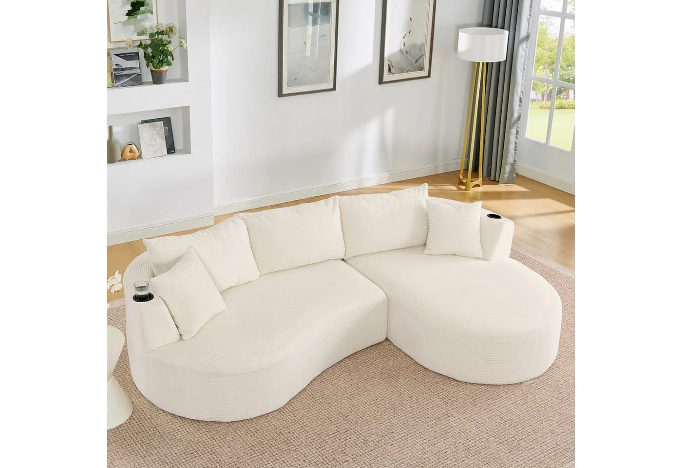 OKWISH 3-Sitzer Sofa Beige Cordstoff mit Getränkehalter & Kissen - Bild 3