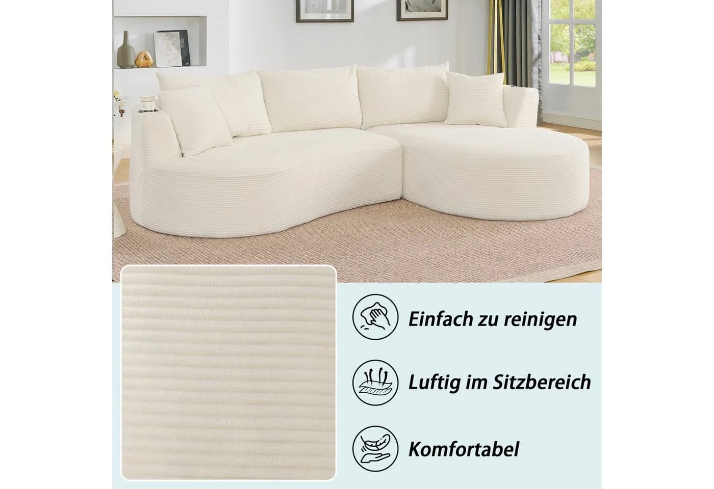 OKWISH 3-Sitzer Sofa Beige Cordstoff mit Getränkehalter & Kissen - Bild 4