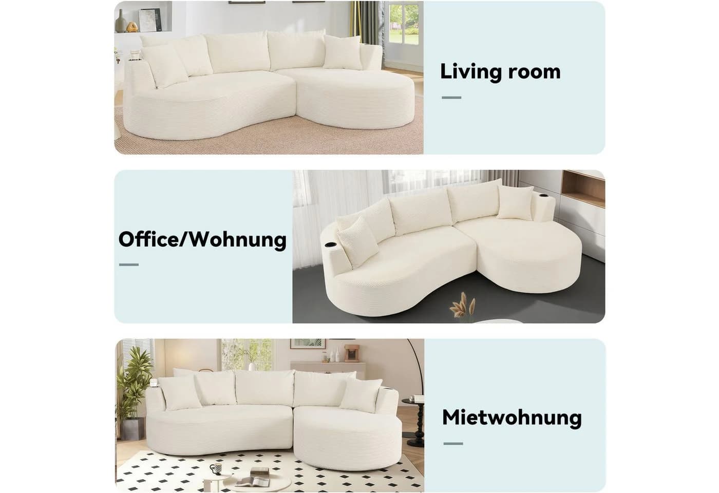 OKWISH 3-Sitzer Sofa Beige Cordstoff mit Getränkehalter & Kissen - Bild 5
