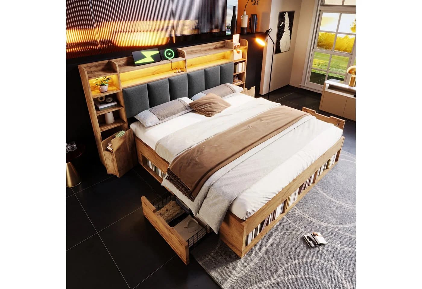OKWISH Holzbett 180x200 cm Eiche mit LED-Beleuchtung und Stauraum - Bild 2