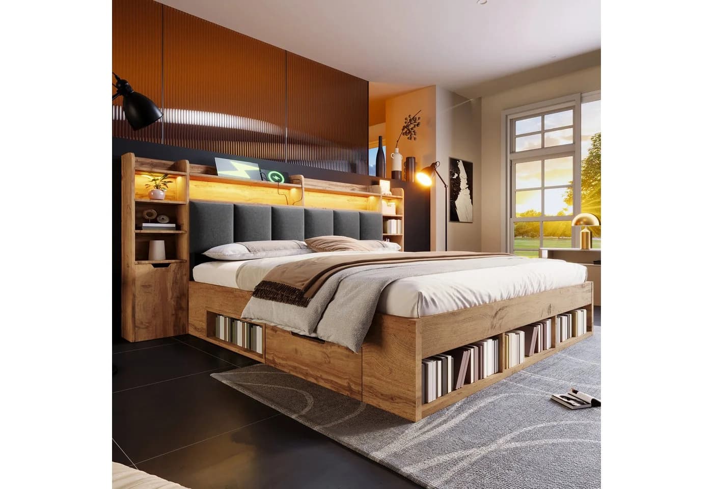 OKWISH Holzbett 180x200 cm Eiche mit LED-Beleuchtung und Stauraum - Bild 3