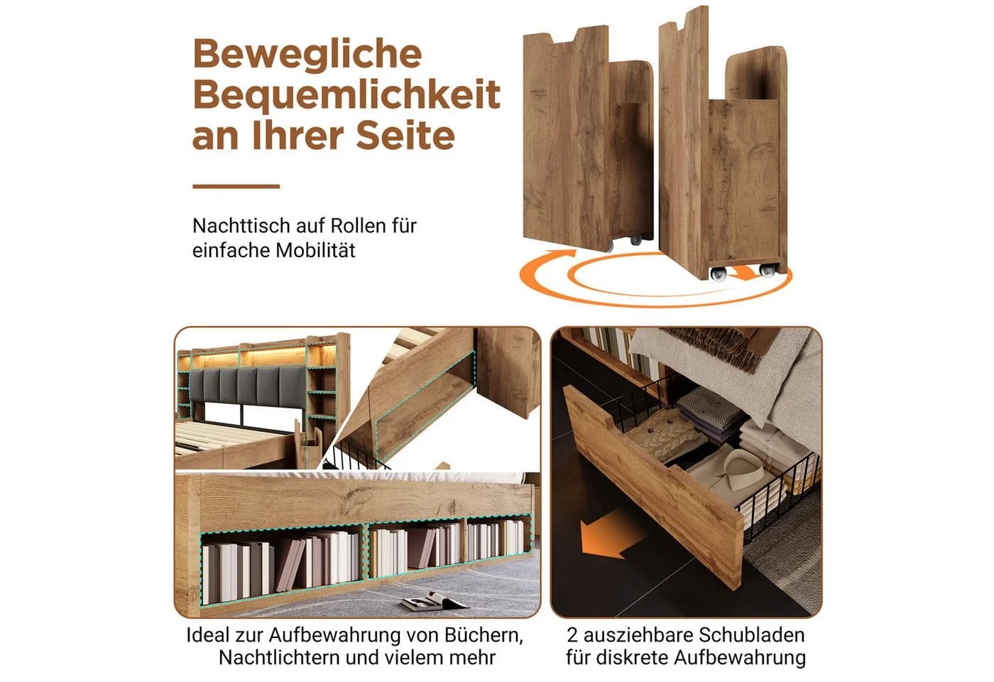 OKWISH Holzbett 180x200 cm Eiche mit LED-Beleuchtung und Stauraum - Bild 4