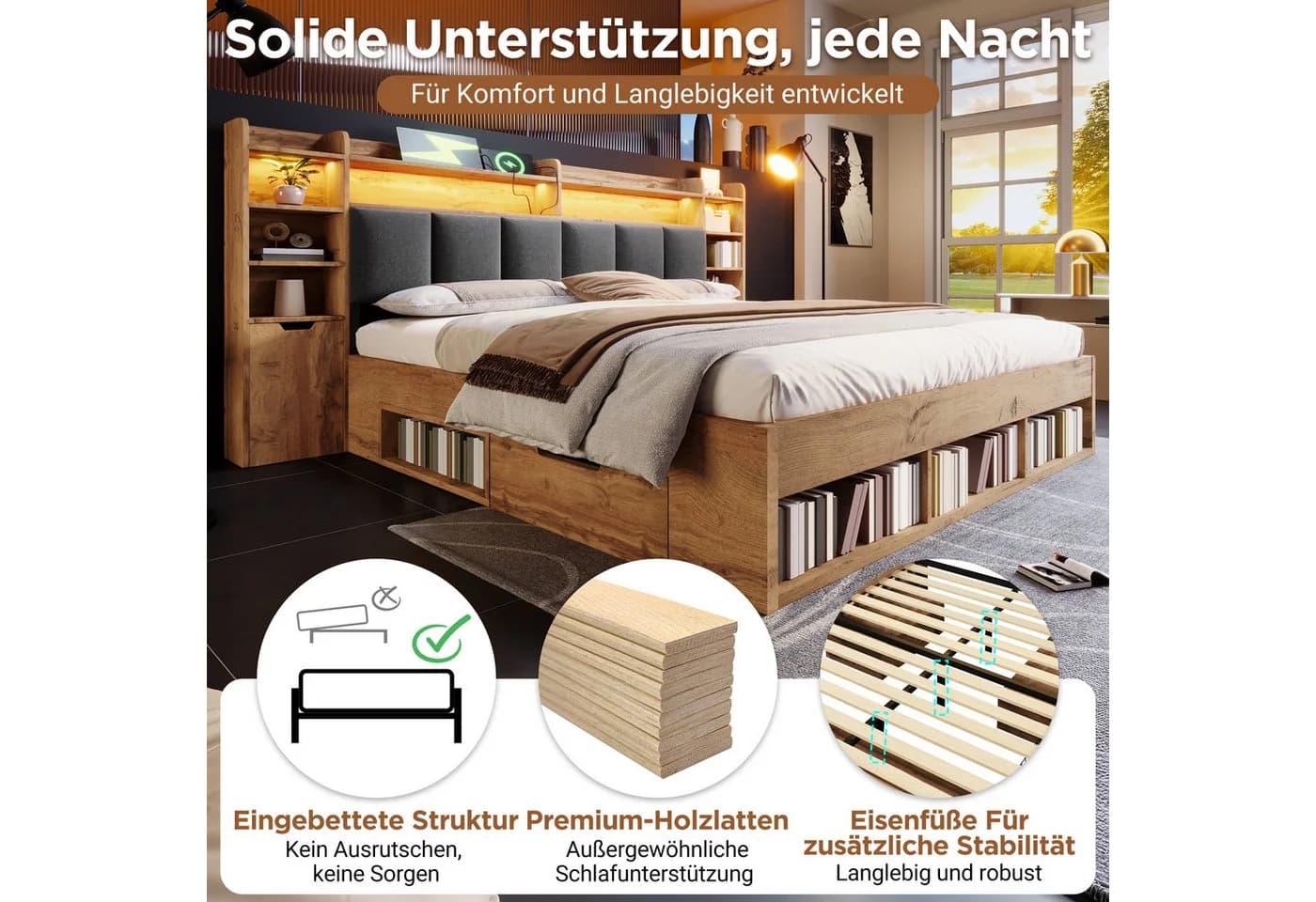 OKWISH Holzbett 180x200 cm Eiche mit LED-Beleuchtung und Stauraum - Bild 5