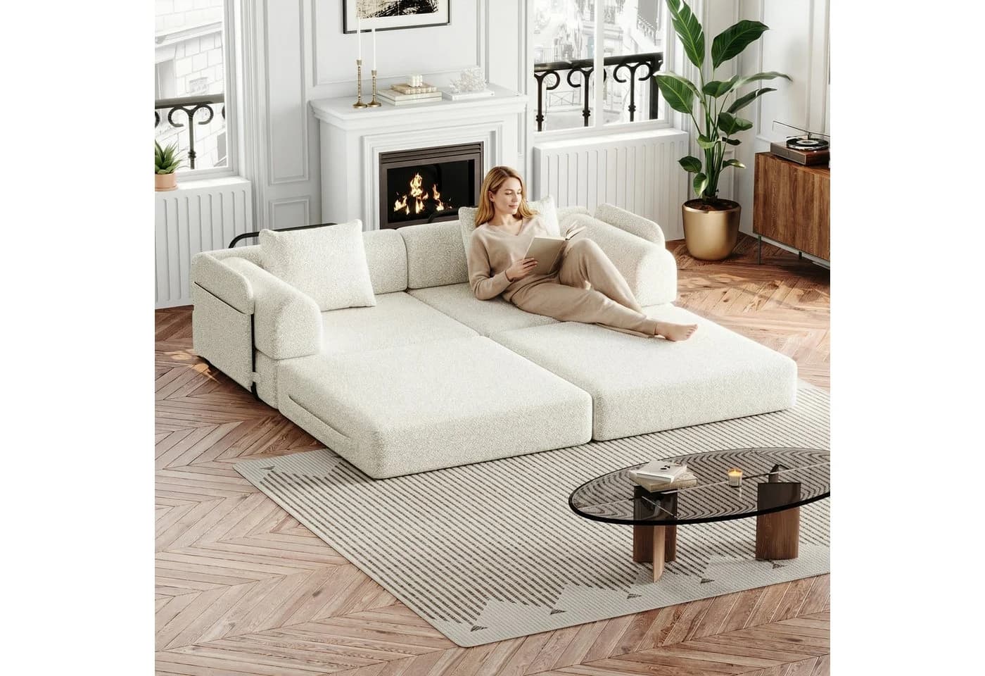 OKWISH Schlafsofa Modernes Chenille-Sofa 2-in-1 mit Stauraum Beige - Bild 3