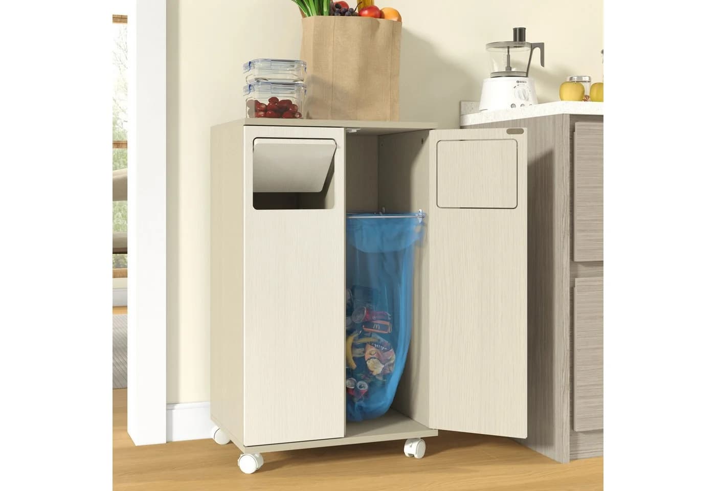 OKWISH Sideboard Mülltrennung Weiß Eiche-Optik