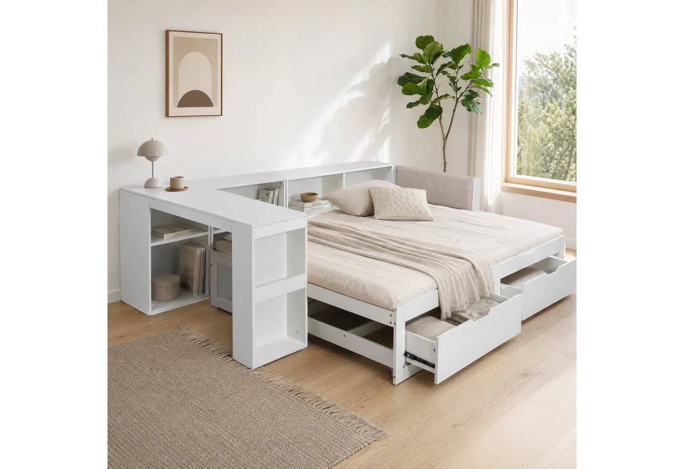 OKWISH Stauraumbett ausziehbar mit Schreibtisch und Schubladen