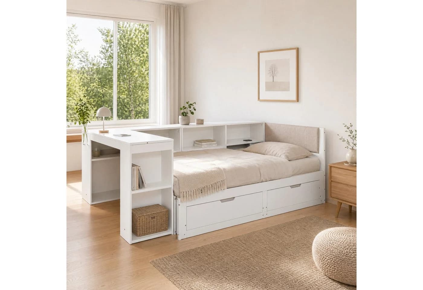 OKWISH Stauraumbett ausziehbar mit Schreibtisch und Schubladen - Bild 2