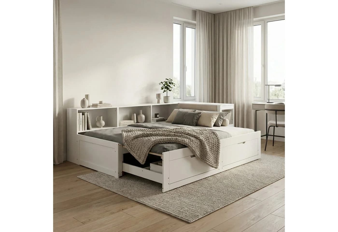 OKWISH Stauraumbett ausziehbar mit Schreibtisch und Schubladen - Bild 4