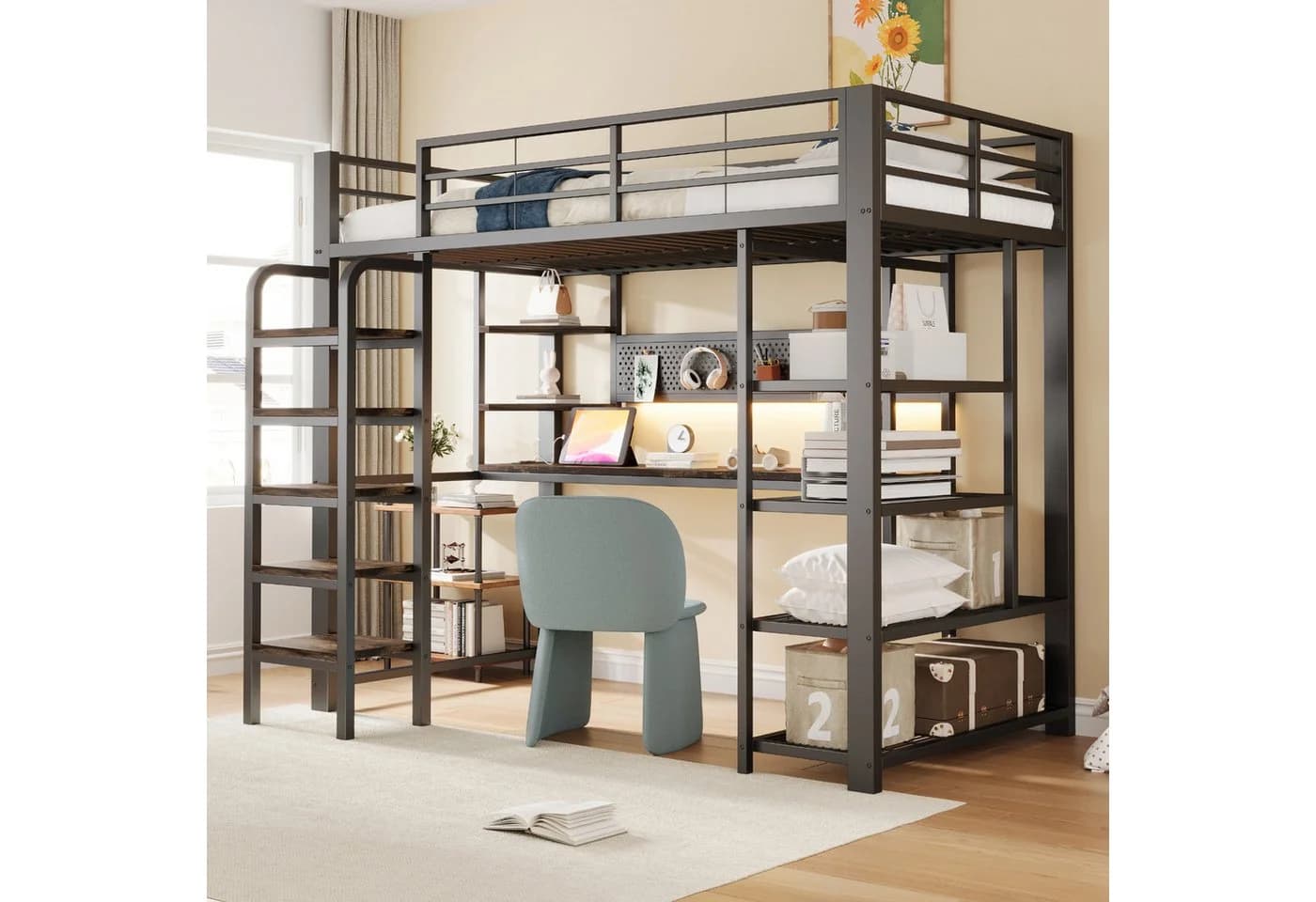 OKWISH Hochbett Metallbett Schwarz mit LED-Beleuchtung & Schreibtisch