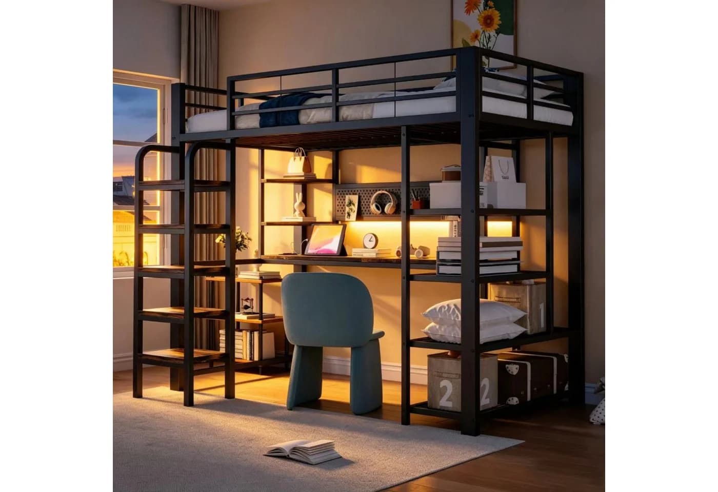 OKWISH Hochbett Metallbett Schwarz mit LED-Beleuchtung & Schreibtisch - Bild 2