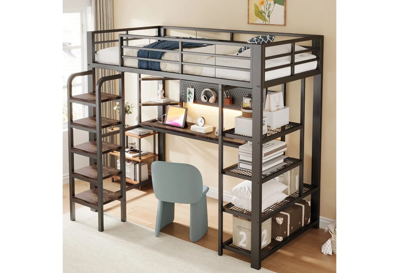 OKWISH Hochbett Metallbett Schwarz mit LED-Beleuchtung & Schreibtisch - Bild 4