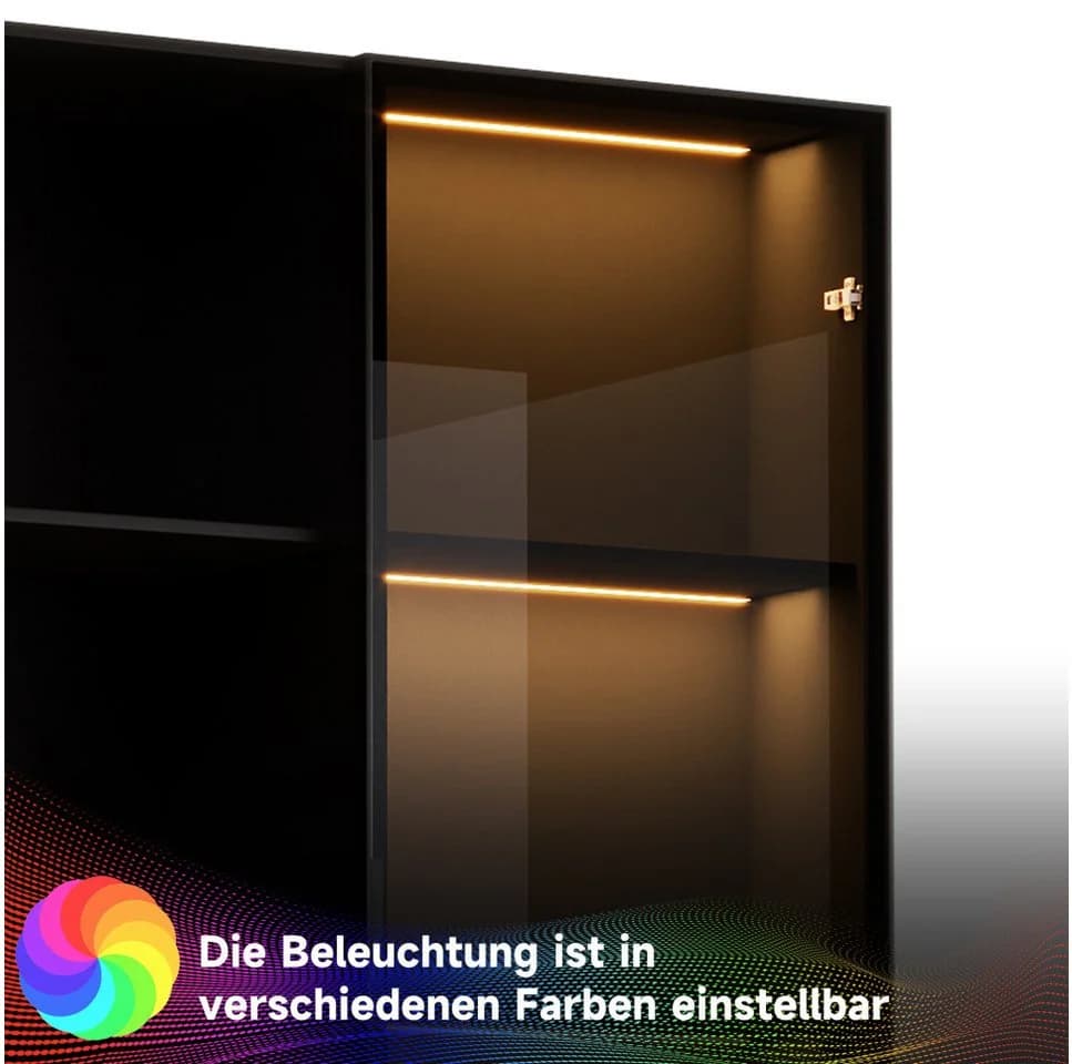 OKWISH Vitrine LED-Schrank Schwarz Glasfront Aluminiumrahmen