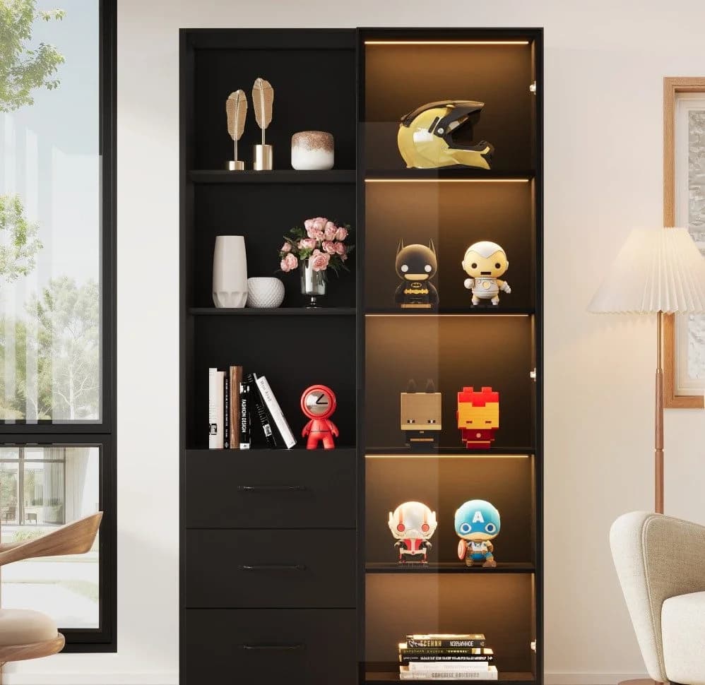 OKWISH Vitrine LED-Schrank Schwarz Glasfront Aluminiumrahmen - Bild 3
