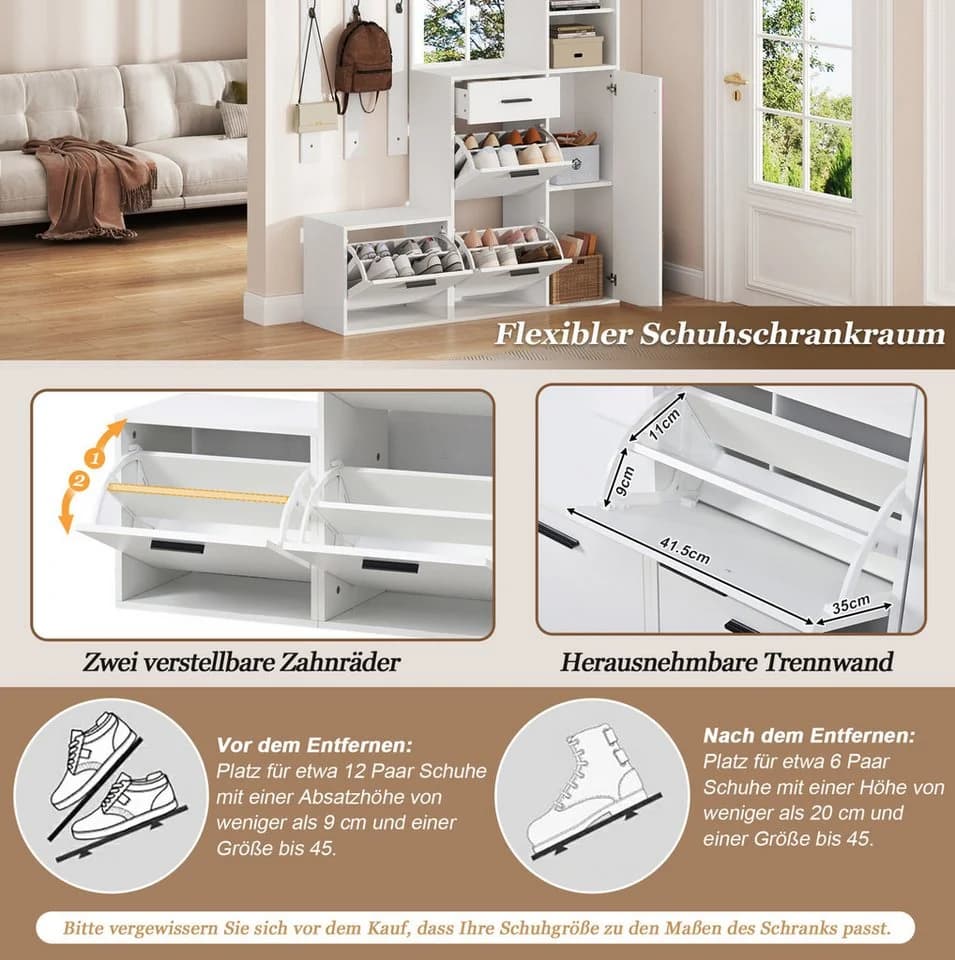 OKWISH Garderoben-Set Weiß mit Spiegel & 6 Haken