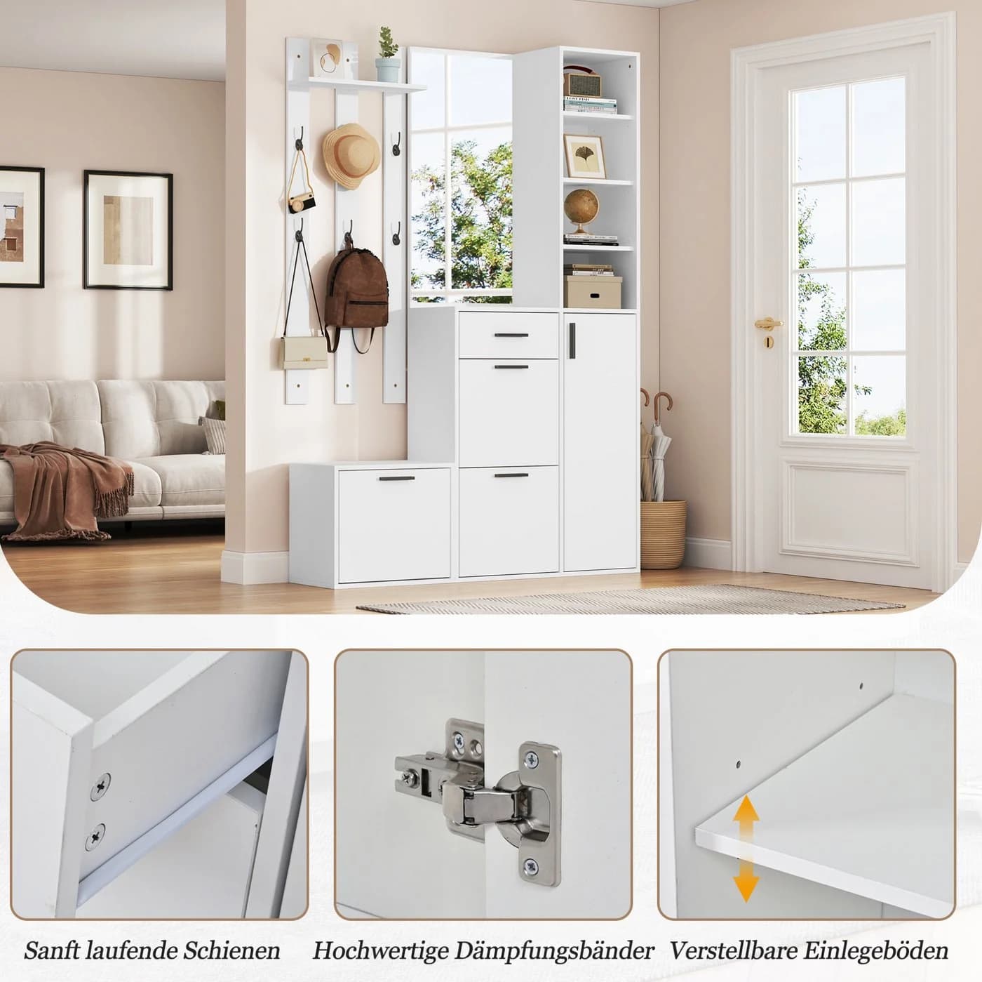 OKWISH Garderoben-Set Weiß mit Spiegel & 6 Haken - Bild 3