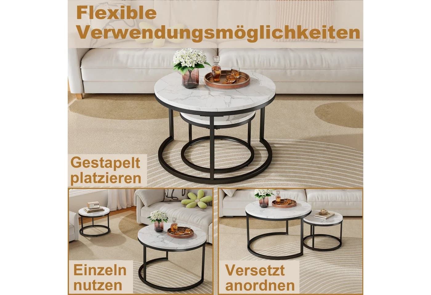 OKWISH Couchtisch Set 2-tlg Marmoroptik schwarz Metall - Bild 5