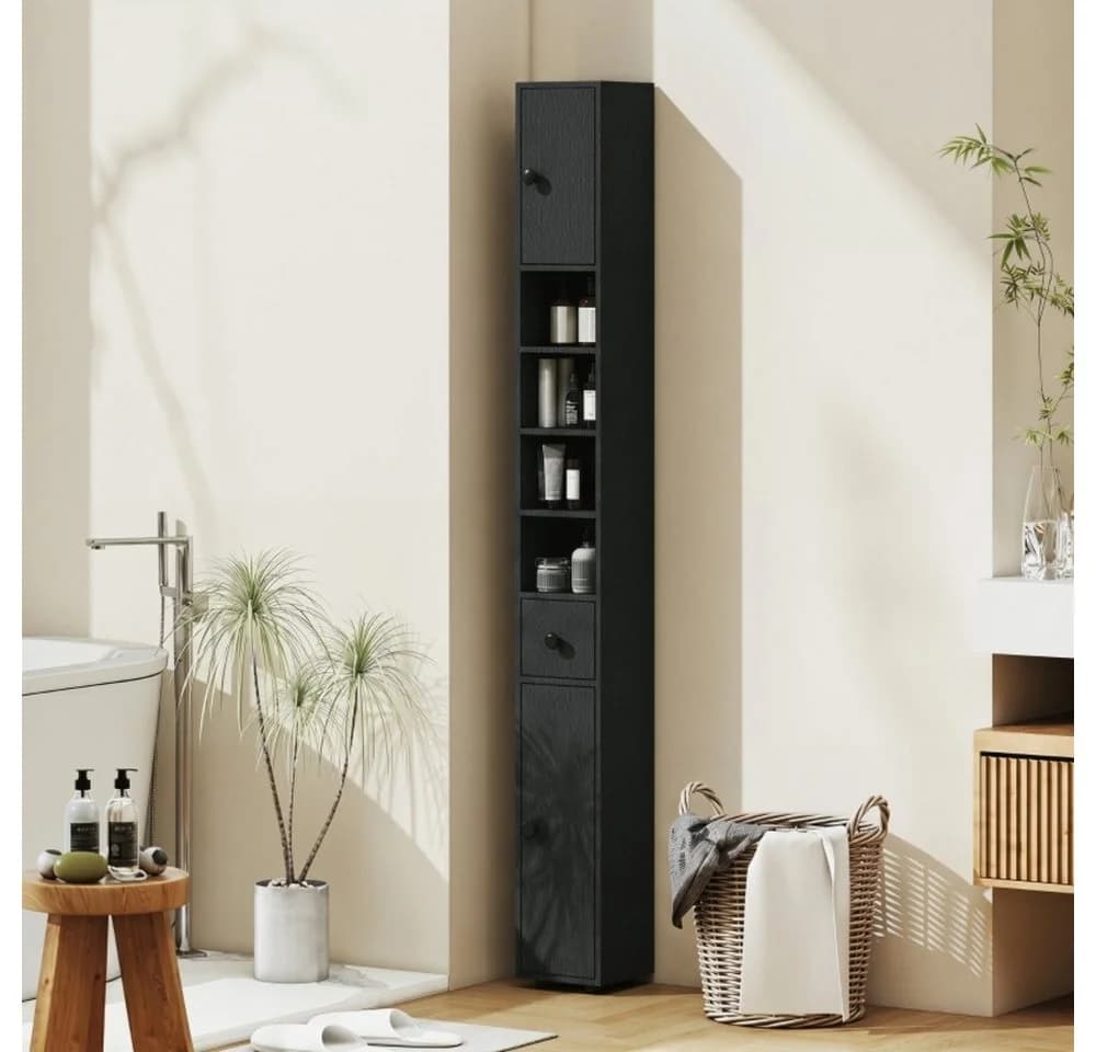 OKWISH Badschrank Schwarz Hochschrank mit Schublade - Bild 2