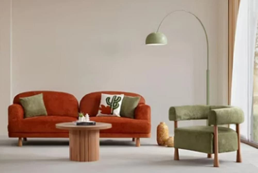 JVmoebel Polstergarnitur 3-tlg. Sofa Orange mit grünem Lehnsessel Textil