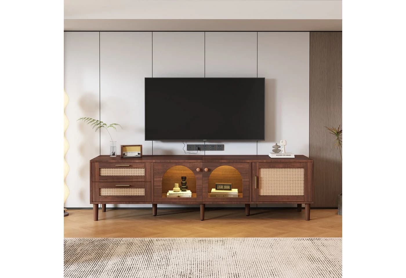 MODFU TV-Schrank mit LED-Beleuchtung Rattan Glas Braun - Bild 2