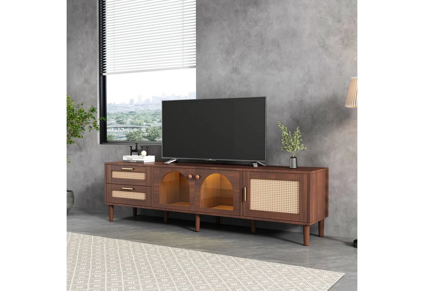 MODFU TV-Schrank mit LED-Beleuchtung Rattan Glas Braun - Bild 3